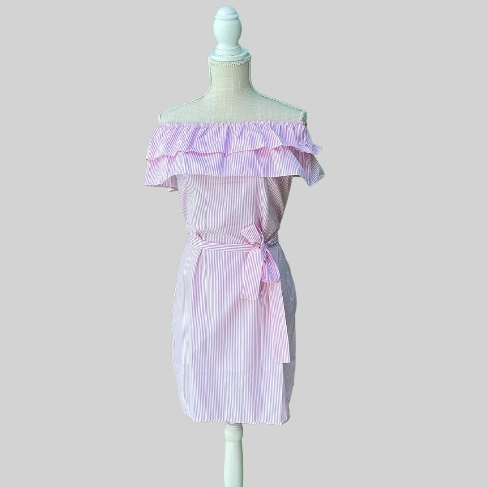 Off Shoulder Pink and White Pinstripe Dress